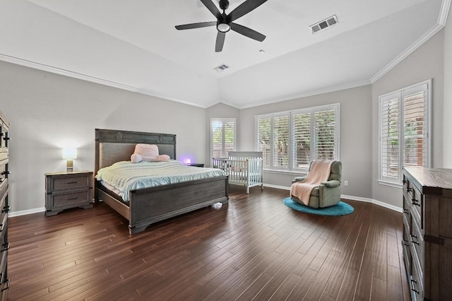 7108 Magenta Ln, Austin, TX 78739 - bedroom with lofted ceiling, dark wood-type flooring, ornamental molding, and ceiling fan
