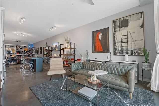 2124 E 6th St Unit 319, Austin, TX 78702 - living room with finished concrete flooring and ceiling fan