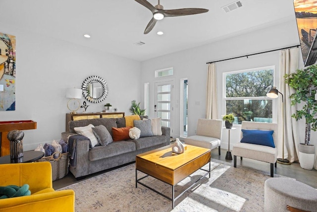 1305 Laurel Cv, Marble Falls, TX 78654 - living room featuring recessed lighting and ceiling fan