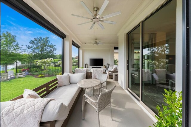 4924 Fiore Trl, Round Rock, TX 78665 - sunroom / solarium with ceiling fan, an outdoor kitchen, and outdoor lounge area