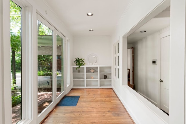 3102 Hemphill Park, Austin, TX 78705 - unfurnished sunroom featuring wood finished floors, crown molding, and recessed lighting
