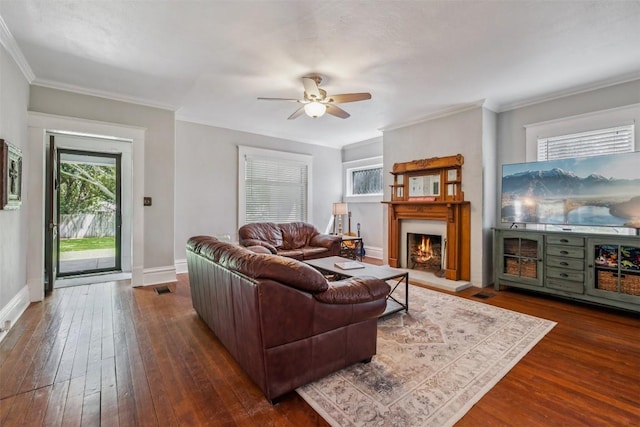 1004 Mitchell St, Gonzales, TX 78629 - living room with ceiling fan, dark wood-style flooring, a lit fireplace, and ornamental molding