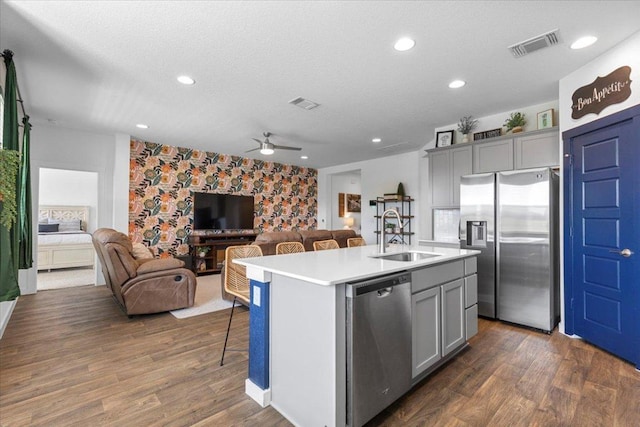 13716 Clerk St, Pflugerville, TX 78660 - kitchen with appliances with stainless steel finishes, gray cabinets, ceiling fan, open floor plan, and an island with sink