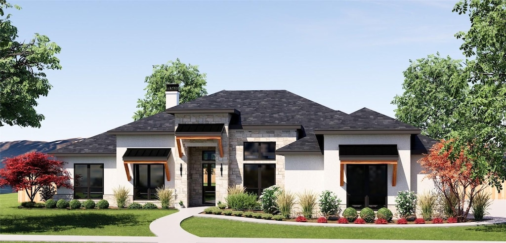 262 Sunday Dr, Burnet, TX 78611 - view of front of property with stone siding, a front lawn, stucco siding, and a chimney