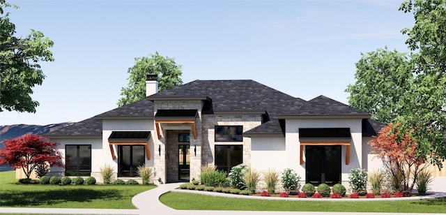 262 Sunday Dr, Burnet, TX 78611 - view of front of property with stone siding, a front lawn, stucco siding, and a chimney
