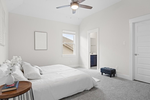 2233 Bellisa Vista Dr, Leander, TX 78641 - bedroom with light colored carpet, vaulted ceiling, a ceiling fan, and ensuite bath