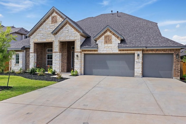 2233 Bellisa Vista Dr, Leander, TX 78641 - french provincial home featuring a garage, stone siding, a shingled roof, and driveway