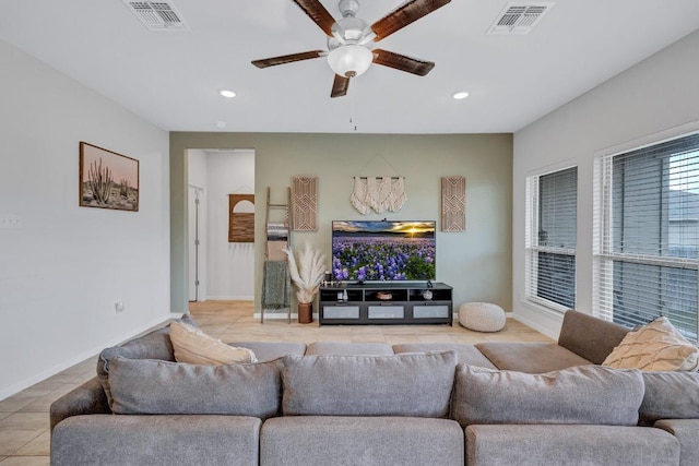 717 Friars Tuck Dr, Temple, TX 76502 - living room with ceiling fan, recessed lighting, and light tile patterned floors