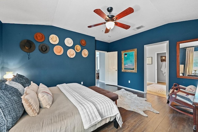 12112 Rancho Alto Rd, Austin, TX 78748 - bedroom featuring vaulted ceiling, wood finished floors, and ceiling fan