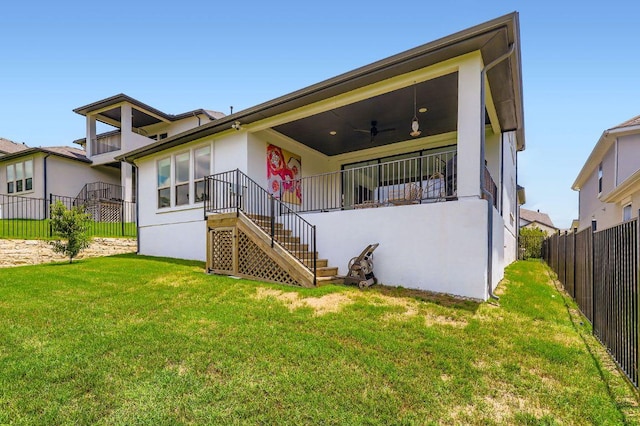 1209 Brasano Pl, Leander, TX 78641 - back of house featuring stairs, stucco siding, and ceiling fan