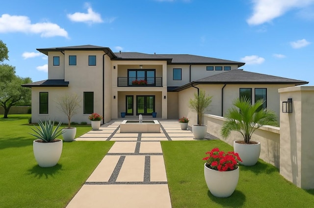 1000 Southlake Ranch Rd, Georgetown, TX 78628 - rear view of property featuring a balcony, french doors, stucco siding, and a yard