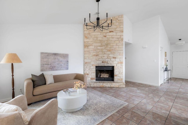 905 Minturn Ln, Austin, TX 78748 - living area featuring a chandelier, a fireplace, and high vaulted ceiling