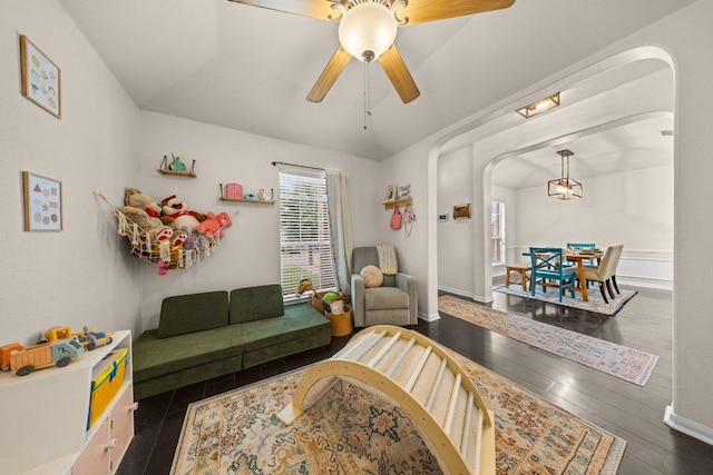 203 Ponderosa Dr, Harker Heights, TX 76548 - living area with arched walkways, ceiling fan, and wood finished floors