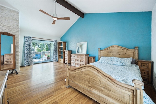 9902 Marseilles Dr, Austin, TX 78750 - bedroom featuring access to exterior, beam ceiling, wood finished floors, high vaulted ceiling, and a ceiling fan