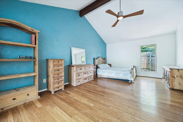 9902 Marseilles Dr, Austin, TX 78750 - bedroom featuring beamed ceiling, wood finished floors, ceiling fan, and high vaulted ceiling