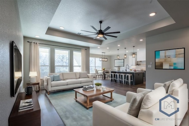 1720 Cannon St, Gonzales, TX 78629 - living room with a tray ceiling, dark wood finished floors, a ceiling fan, and recessed lighting