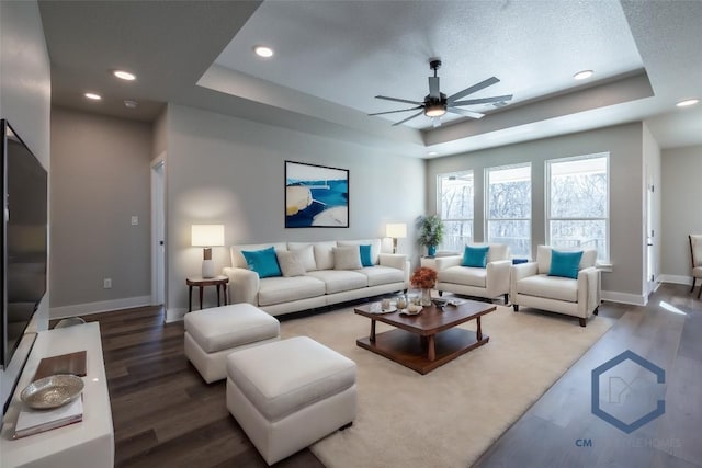 1720 Cannon St, Gonzales, TX 78629 - living area with a raised ceiling, a ceiling fan, wood finished floors, and recessed lighting