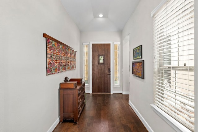 249 Hopping Peach St, San Marcos, TX 78666 - entryway with dark wood-style flooring and recessed lighting