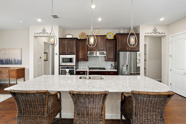 249 Hopping Peach St, San Marcos, TX 78666 - kitchen with stainless steel appliances, under cabinet range hood, dark brown cabinetry, dark wood-style flooring, and tasteful backsplash
