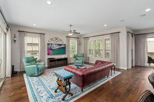 249 Hopping Peach St, San Marcos, TX 78666 - living area featuring a ceiling fan, dark wood finished floors, and recessed lighting