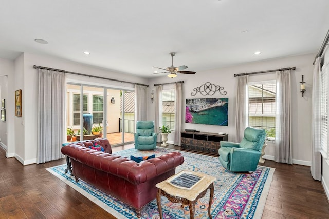 249 Hopping Peach St, San Marcos, TX 78666 - living room featuring dark wood finished floors, a ceiling fan, and recessed lighting