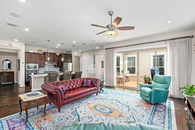 249 Hopping Peach St, San Marcos, TX 78666 - living area with ceiling fan, dark wood-style flooring, and recessed lighting