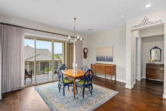 249 Hopping Peach St, San Marcos, TX 78666 - dining space featuring a chandelier, dark wood-type flooring, and recessed lighting