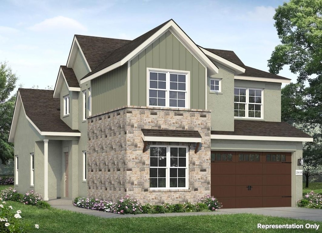 600 C-Bar Ranch Trl Unit 21, Cedar Park, TX 78613 - craftsman-style house with stone siding, a garage, board and batten siding, and a shingled roof