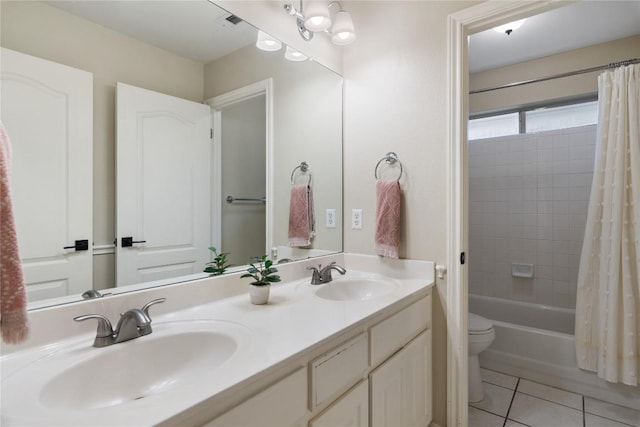10636 Bramblecrest Dr, Austin, TX 78726 - bathroom featuring double vanity, tile patterned floors, and shower / bathtub combination with curtain