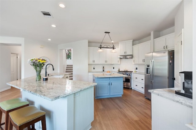 10636 Bramblecrest Dr, Austin, TX 78726 - kitchen with stainless steel appliances, a large island with sink, under cabinet range hood, light wood finished floors, and white cabinets