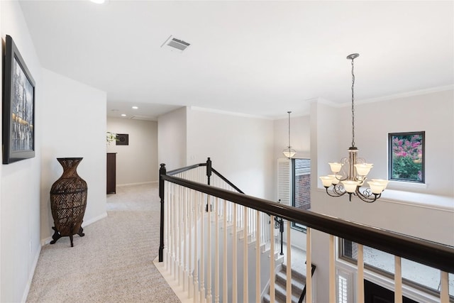 10636 Bramblecrest Dr, Austin, TX 78726 - hallway featuring an upstairs landing, a chandelier, carpet floors, crown molding, and recessed lighting