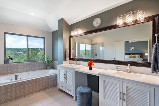 10636 Bramblecrest Dr, Austin, TX 78726 - ensuite bathroom featuring healthy amount of natural light, double vanity, a shower stall, a bath, and lofted ceiling