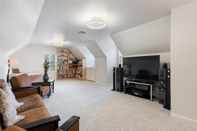 10636 Bramblecrest Dr, Austin, TX 78726 - living area featuring carpet, vaulted ceiling, and built in features