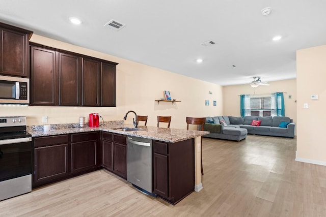 1698 Violet Ln, Kyle, TX 78640 - kitchen featuring stainless steel appliances, light wood-type flooring, dark brown cabinets, and recessed lighting