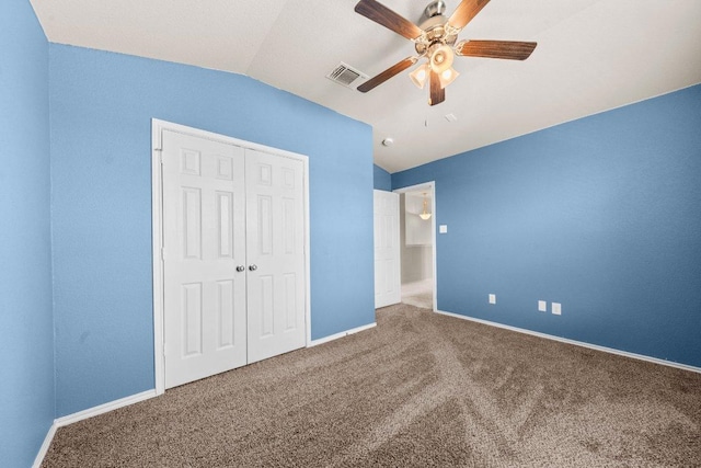 3303 Lorne Dr, Killeen, TX 76542 - unfurnished bedroom featuring lofted ceiling, carpet, a closet, and ceiling fan