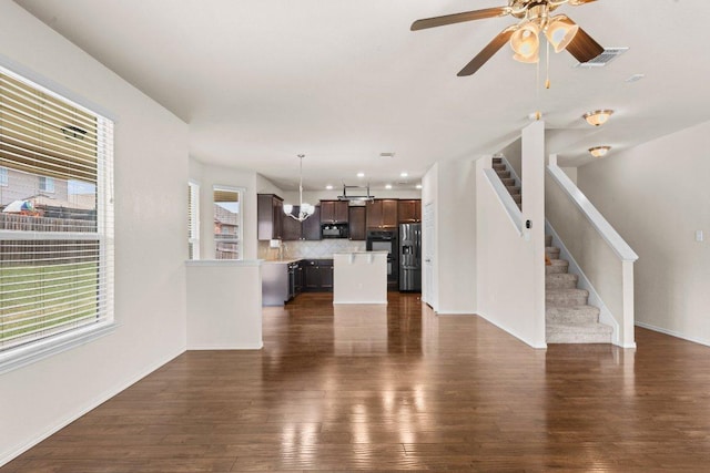 3303 Lorne Dr, Killeen, TX 76542 - unfurnished living room with dark wood-style floors, ceiling fan, stairway, and recessed lighting