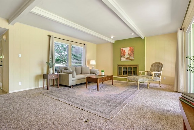 230 Lido St Unit I-2, Lakeway, TX 78734 - carpeted living area featuring beam ceiling and baseboards