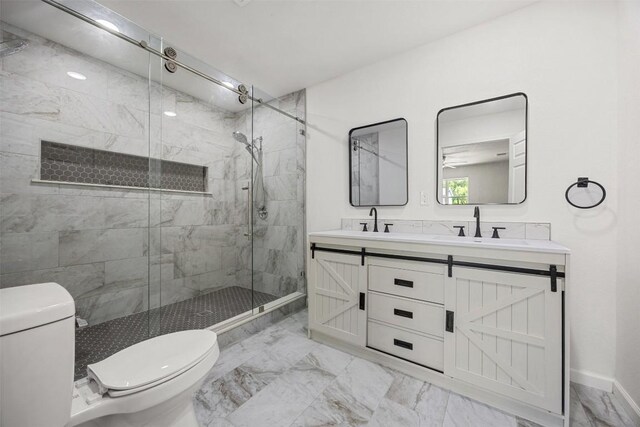 605 W Washington Ave, Copperas Cove, TX 76522 - bathroom featuring marble finish flooring, a shower stall, and double vanity