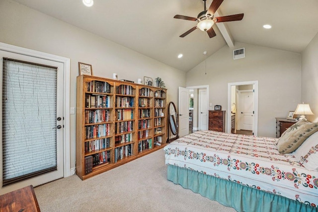 2010 American Dr Unit 2, Lago Vista, TX 78645 - carpeted bedroom with beamed ceiling, recessed lighting, access to exterior, connected bathroom, and a ceiling fan