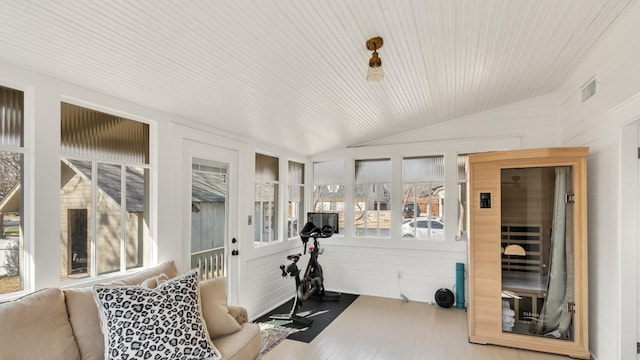 1502 Olive St, Georgetown, TX 78626 - exercise area with vaulted ceiling, wood finished floors, a sauna, and wooden ceiling