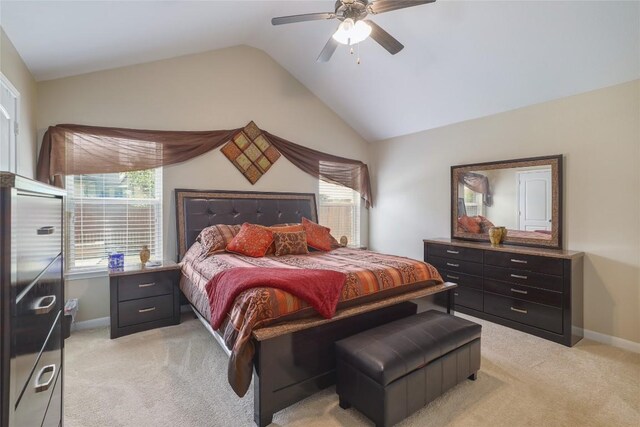 2524 Muzzie Ln, Leander, TX 78641 - bedroom with light colored carpet, vaulted ceiling, multiple windows, and a ceiling fan