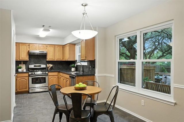 11003 Watchful Fox Dr, Austin, TX 78748 - kitchen featuring stainless steel appliances, under cabinet range hood, dark countertops, tasteful backsplash, and hanging light fixtures