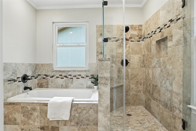 11003 Watchful Fox Dr, Austin, TX 78748 - bathroom featuring a bath, a shower stall, and crown molding