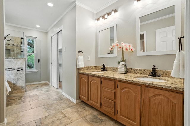 11003 Watchful Fox Dr, Austin, TX 78748 - full bath with double vanity, walk in shower, ornamental molding, and recessed lighting