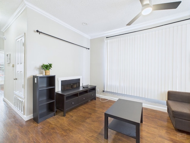 2300 Leon St Unit 205, Austin, TX 78705 - living room featuring wood finished floors, crown molding, ceiling fan, and a textured ceiling