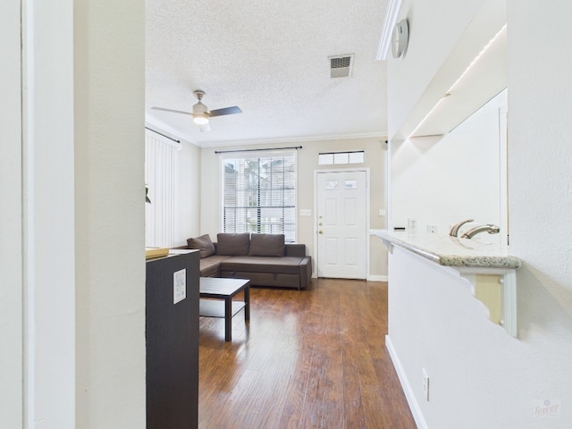 2300 Leon St Unit 205, Austin, TX 78705 - living area featuring dark wood-style floors, a textured ceiling, a ceiling fan, and ornamental molding
