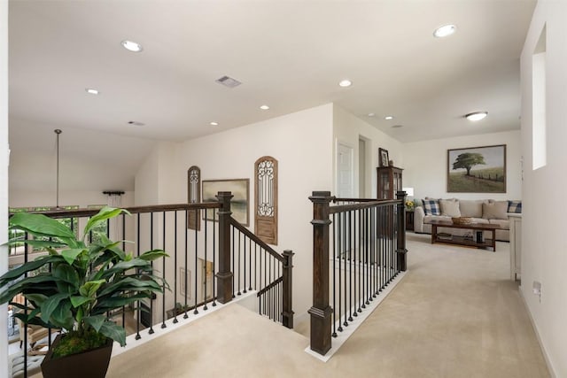 202 Hazy Hills Loop, Dripping Springs, TX 78620 - hallway featuring an upstairs landing, carpet flooring, and recessed lighting