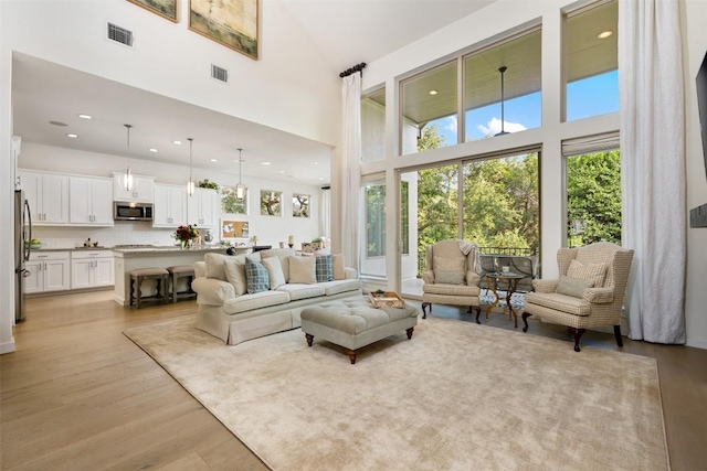 202 Hazy Hills Loop, Dripping Springs, TX 78620 - living room featuring a towering ceiling, light wood-type flooring, and recessed lighting