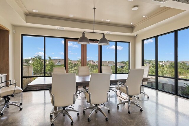 202 Hazy Hills Loop, Dripping Springs, TX 78620 - dining area featuring a tray ceiling and crown molding