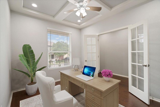 15 Stone Terrace Dr, Austin, TX 78734 - office area with coffered ceiling, ceiling fan, dark wood-type flooring, beamed ceiling, and french doors